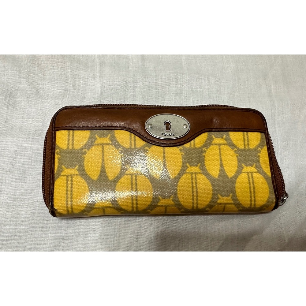 Fossil Key-Per Zip Around Wallet Yellow Ladybug Print Coated Canvas Leather Trim